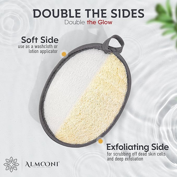Almooni Natural Exfoliating Loofah for Men, Lightly Abrasive Egyptian Loofah Body Scrubber for Men, Dual-Sided with Cotton Back, Hand Strap, Gray, 2-Count