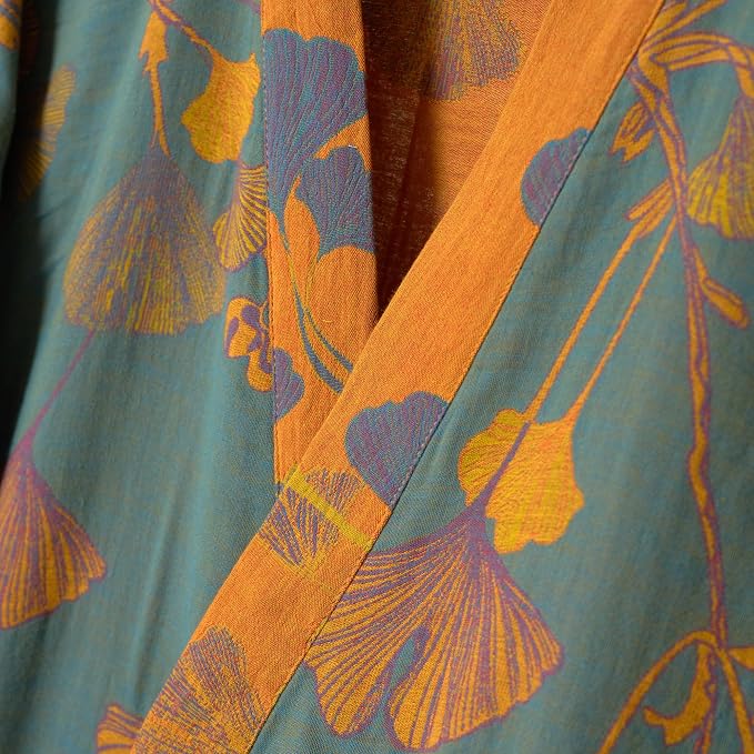 100% Cotton Gauze Ginkgo Leaf Kimono Robe, Long Knit Loose Bathrobe Nightgown Ladies Loungewear Sleepwear for Women