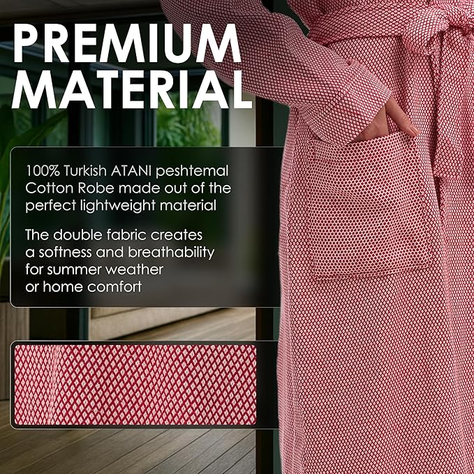ATANI 100% Turkish Cotton Bathrobe S-XXL for Women & Men – Peshtemal Style Soft Cozy Lounge Robe, Absorbent & Lightweight