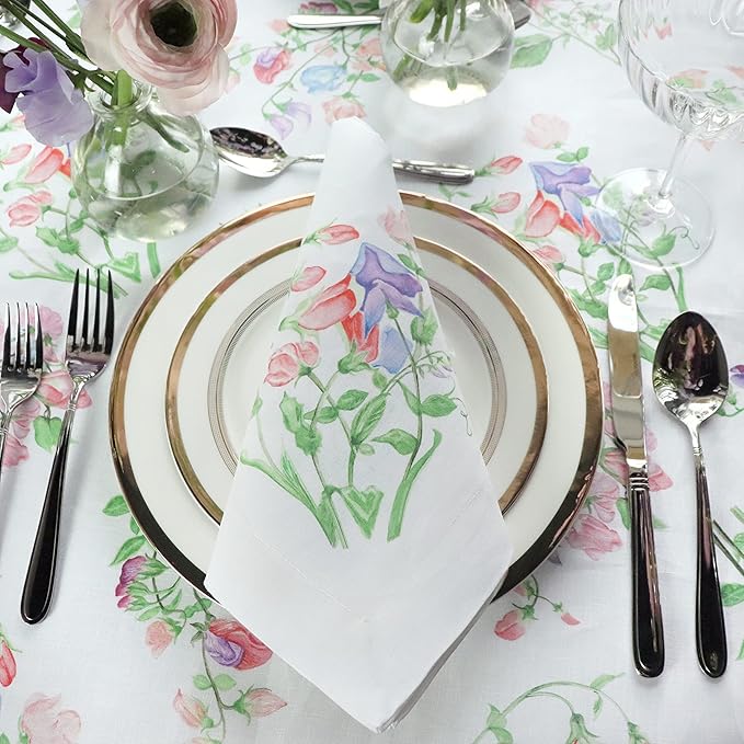 Huddleson Sweet Pea Floral Print Linen Napkin 20x20 (Set of Four) Luxury Italian Linen Napkin Sewn in US