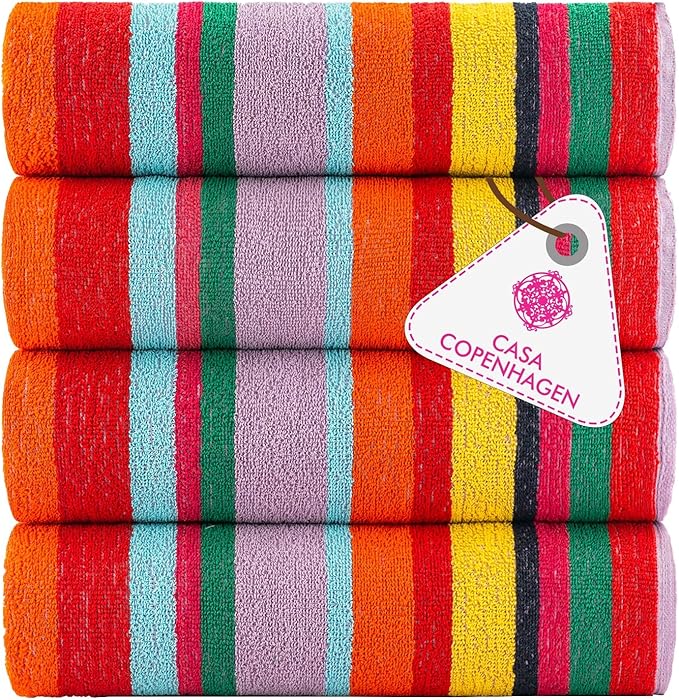 CASA COPENHAGEN Monaco Beach Towels Designed in Denmark Rough and Tough, Quick Dry, for Pool, Bath & Shower 30x60 inches 4 Pieces Cotton Beach Bath Towels Set - Rainbow