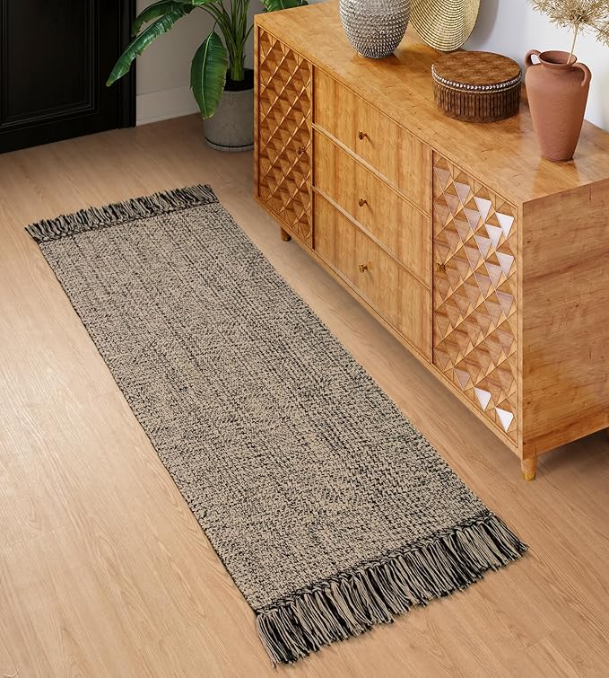 Collive Hallway Runner Rug, 2x5 Washable Natural/Black Modern Entryway Runner Rug Hand-Woven Cotton Boho Kitchen Runner Rugs for Bedroom Laundry Room Rug Front Door Farmhouse Bathroom Rug Outdoor