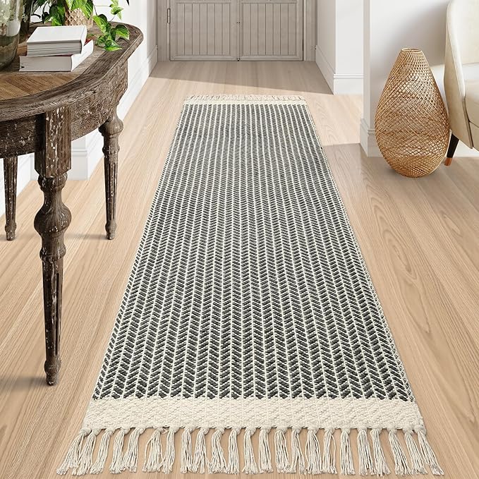 Lahome Belle Boho Kitchen Runner, 2'6''x8 Entryway Rug Lightweight Runners for Hallway Washable Runner Rug with Tassels, Farmhouse Grey Rugs Non Shedding Carpet for Bathroom Foyer
