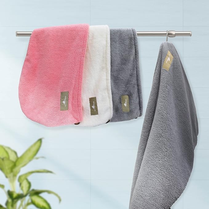 myHomeBody Hair Towel Wrap, Quick Drying Turban, Absorbent Cap – 3 Pack | Light Gray, Pink, White, Hair Turban Towel for wet hair, Ultra Soft Charcoal Fiber Cap, Towel Head Wrap for bathing