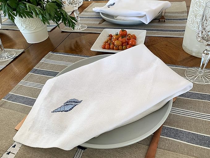 White Linen Dinner Napkins - 100% Linen Cloth - Fully Hemmed with Mitered Corners - Washable - Pack of 4 (Nautical Marine Embroidered)