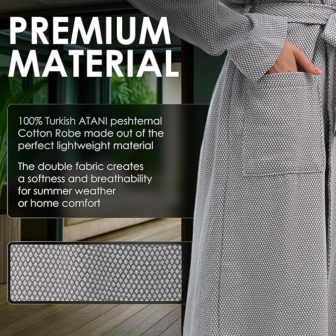 ATANI 100% Turkish Cotton Bathrobe S-XXL for Women & Men – Peshtemal Style Soft Cozy Lounge Robe, Absorbent & Lightweight