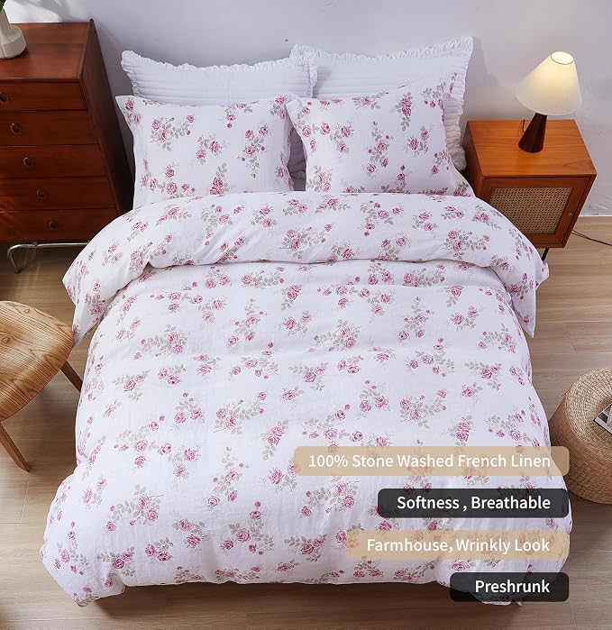100% French Flax Linen Duvet Cover Set Queen Size, 3pcs Comforter Digital Botanical Printed Rose Farmhouse Floral Bedding with Button Closure and 8 Corner Ties(Pink Rose, Queen)