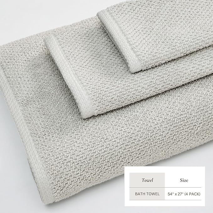 Great Bay Home 100% Cotton 4 Pack 54x27 Bath Towel Set - Absorbent, Quick-Drying, Durable Towels for Bathroom Decor - Low-Twist, Two-Ply Fibers (Light Grey)