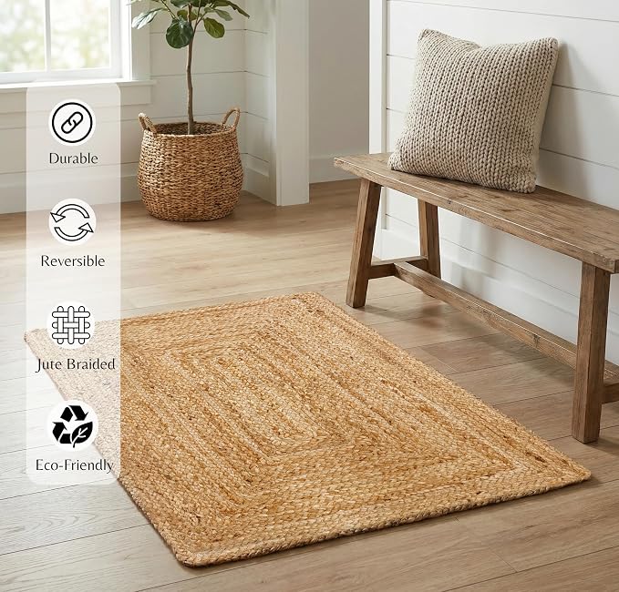 THE BEER VALLEY Jute Braided Rug 2x3 Feet - Natural | Reversible Accent Doormat for Entryway, Kitchen, Nursery - Rustic Coastal Small Front Door Mat for Indoor Use