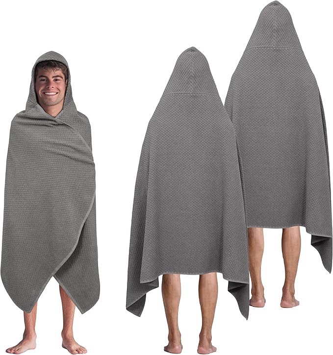 COTTON CRAFT Hooded Bath Towel – 2 Pack Oversized 35x70 Waffle Weave Towel with Hood for Adults - 100% Ringspun Cotton Pool Bath Sheet Wrap with Hood - Soft Super Absorbent Quick Dry – 450 GSM – Grey