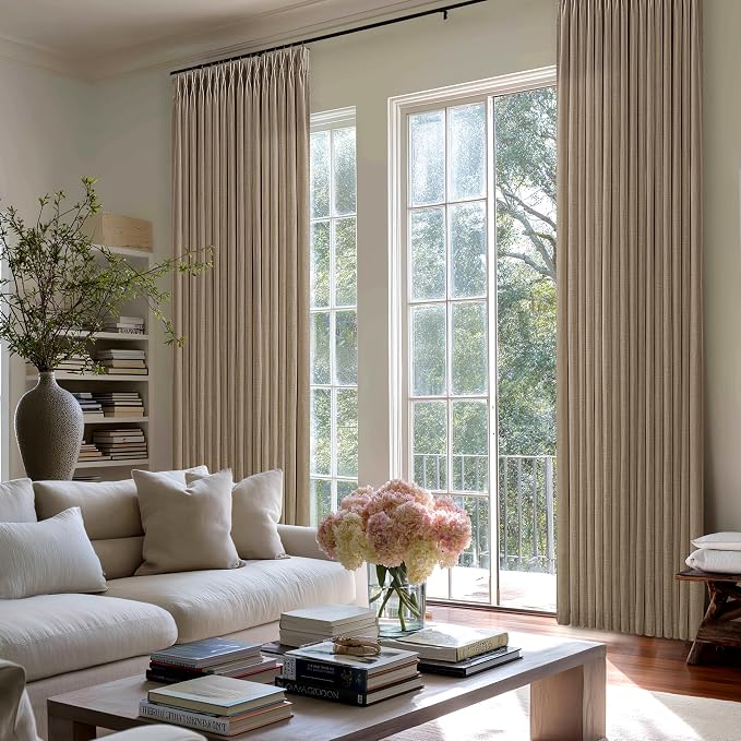 Thick Linen Pinch Pleat Curtains 86 Inches Length 2 Panels Set Latte Taupe Rustic Memory Trained Semi Sheer Privacy Flax Linen Window Drapes Track System 50 Inch Wide Curtain for Living Room Bedroom