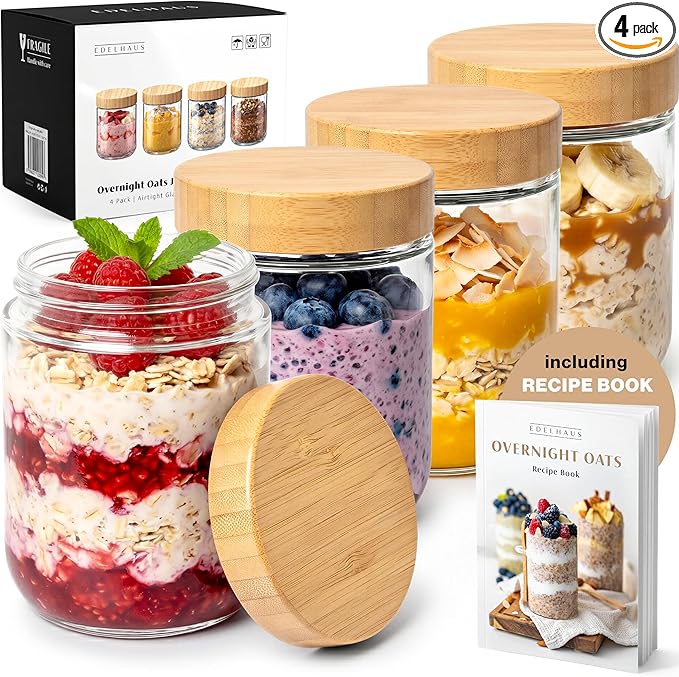 EDELHAUS Overnight Oats Containers with Lids Bamboo (4 x 16oz) Glass Jars for Oatmeal, Meal Prep, Food Storage | Leak-Proof Mason Jars for Oats, Cereal, Yogurt, Chia Pudding [Thicker Glass 3mm]