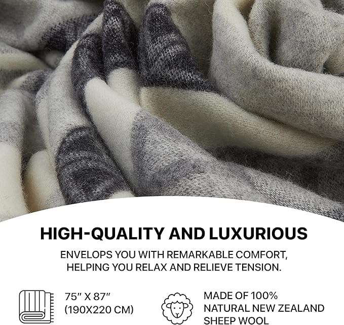| Wool Blanket/Throw | 100% New Zealand Wool | Perfect for Home and Outdoors | Virgin Wool Throw with Fringes 75"x87" (190 x 220 cm)