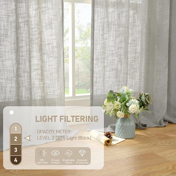 LAMIT Faux Linen Curtains 63 inches Long for Bedroom, Back Tab and Rod Pocket Thick Linen Drapes Light Filtering Semi Sheer Window Curtains for Living Room, 2 Panels (52 x 63 Inch, Light Grey)