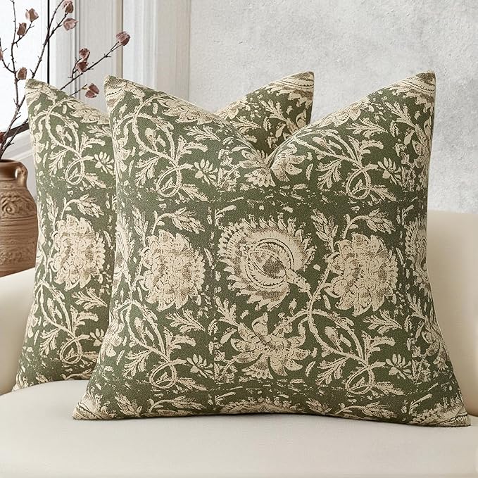Vintage Floral Print Throw Pillow Covers 24x24 Set of 2 Neutral Modern Farmhouse Pillowcases Accent Decorative Cushion Covers Boho Home Decor for Couch Sofa Chair Bed Living Room, Olive Green