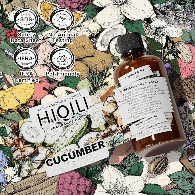 HIQILI Cucumber Fragrance Oil for Diffuser, Soap & Candle Making - 1 Fl Oz | Long-Lasting Fresh Scents for DIY Body Spray, Bath & Skin Products, Pet Safe, Graduated Dropper Included