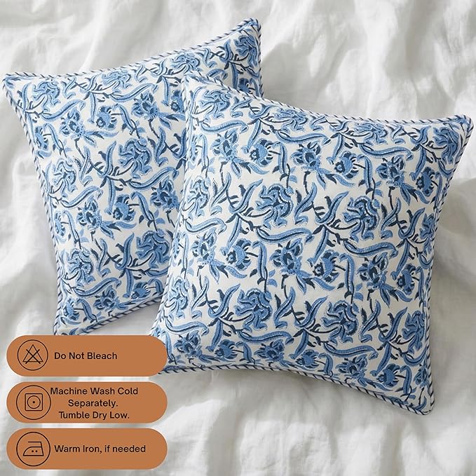 ATOSII Block Print Boho Throw Pillow Covers, 20 X 20, Set of 2 Decorative Couch Pillows for Living Room, 100% Cotton Canvas Acccent Pillows, Christmas Thanksgiving Fall Preppy Throws - Midnight Bloom