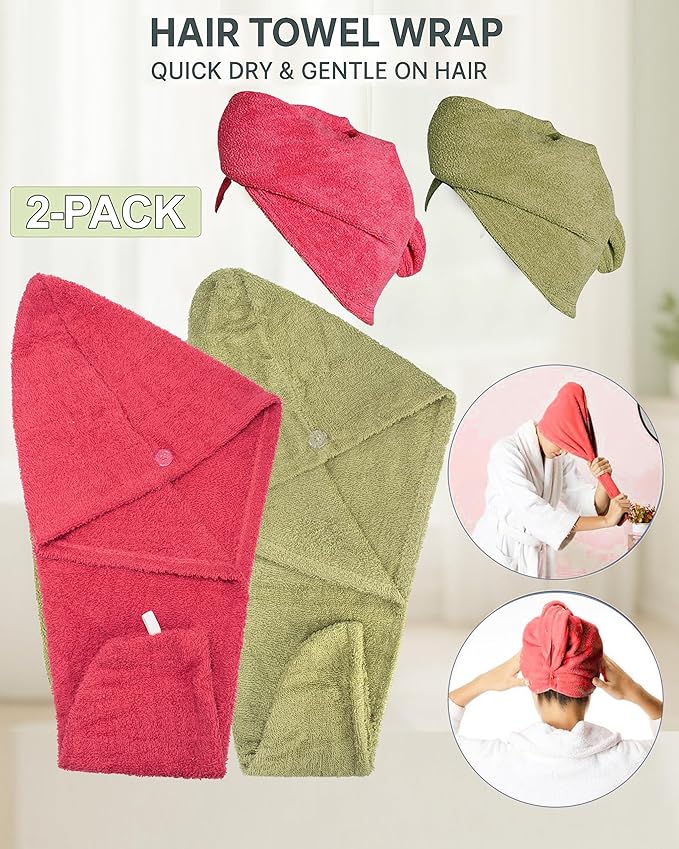 Textila 100% Cotton Hair Wrap Towels for Women (Pack of 2, Raspberry & Green) – Soft & Absorbent Turban Towels for Long, Curly, Frizz-Prone Hair