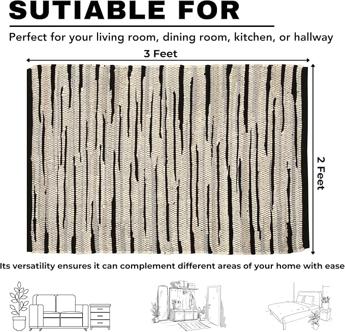Handmade Woven Tonal Chindi Rug 24 x 36 Inch, Reversible Cotton Braided Area Rug, Grey Multi Farmhouse Throw Rug for Entryway, Kitchen, Bathroom, Bedroom and Living Room