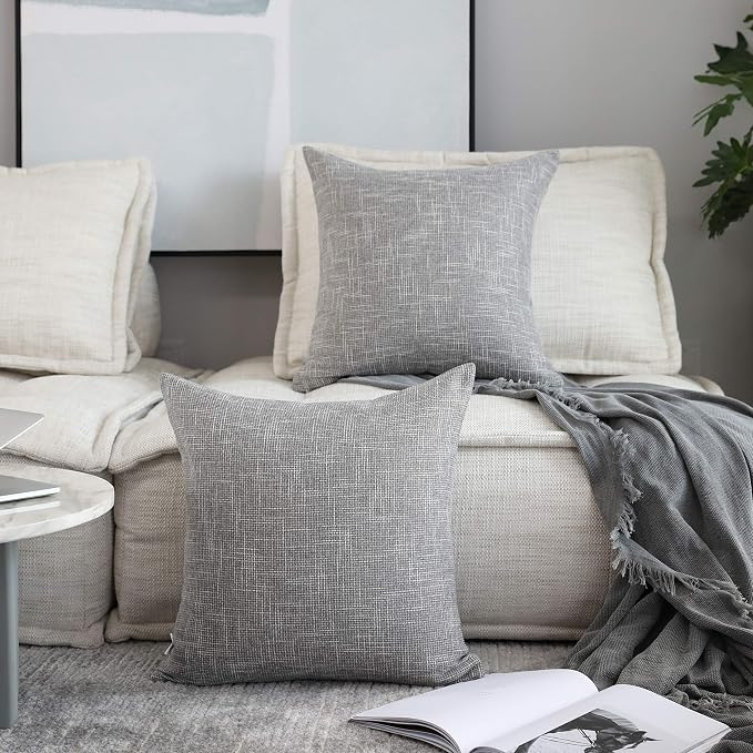 Kevin Textile Faux Linen Square 2 Tone Woven Throw Pillow Sham Cushion Case Covers for Car/Couch Use, 22-inch(2 Packs, Grey)
