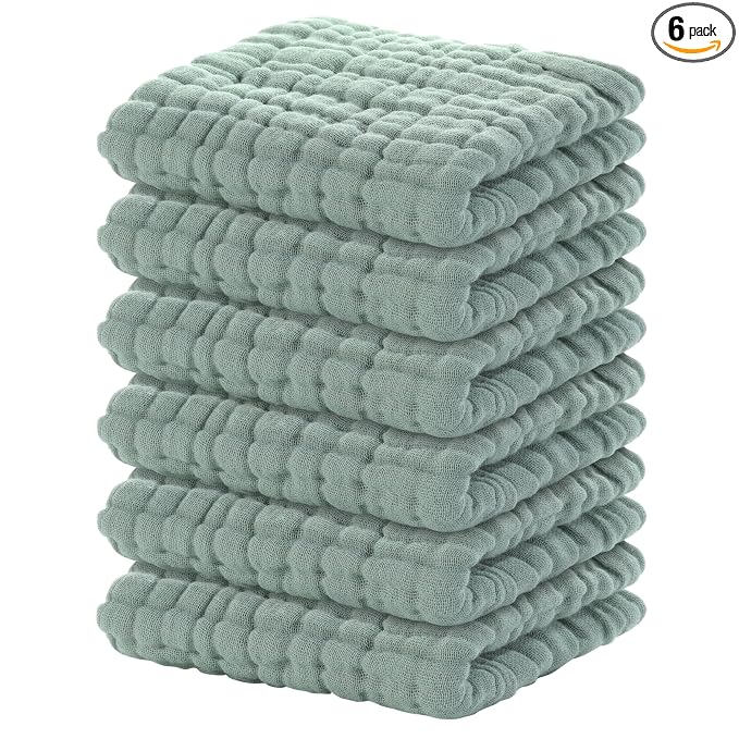 Yoofoss Muslin Baby Washcloths 100% Organic Cotton Face Towels 6 Pack Wash Cloths for Baby 12x12in Soft and Absorbent Baby Wipes (Dark Green)