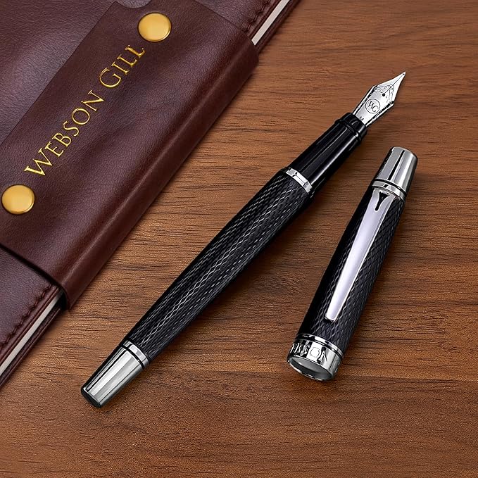 'Show Up' Black Luxury Executive Fountain Pen, Woven Polished Lacquer, Chrome Accents, Stainless Steel Nib, Easy Refill Ink Piston Converter, Smudge Free No Bleed, Fits Instant Insert Ink Cartridges