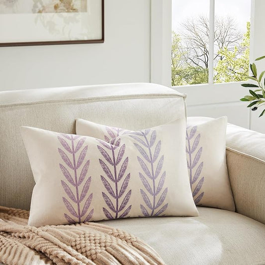 100% Cotton Farmhouse Leaves Lumbar Throw Pillow Covers Set of 2, 12x20 Inch Mixed Purple Pastoral Decorative Print Cushion Covers for Sofa Bed Living Room Home Decor