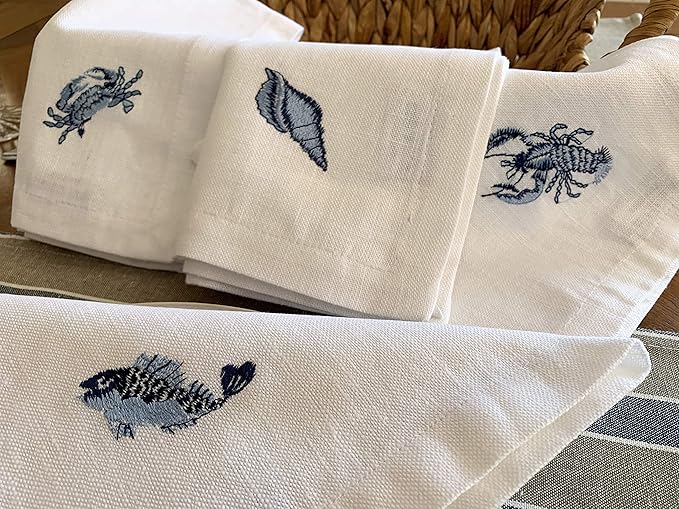 White Linen Dinner Napkins - 100% Linen Cloth - Fully Hemmed with Mitered Corners - Washable - Pack of 4 (Nautical Marine Embroidered)