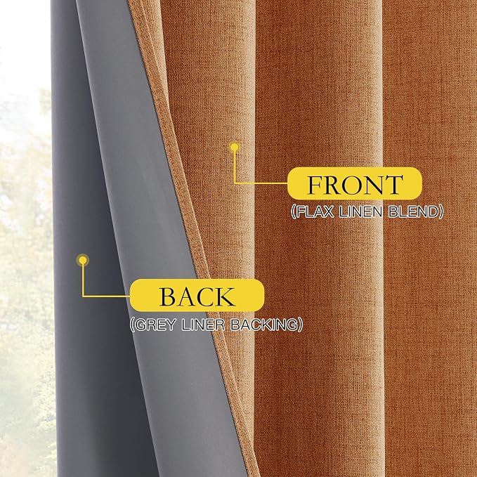 NICETOWN 100% Blackout Curtains for Living Room, W52 x L84 in, Thick Linen Blend Rod Pocket & Back Tab, Thermal Insulated Draperies with Grey Liner for Decoration(Set of 2, Terracotta)