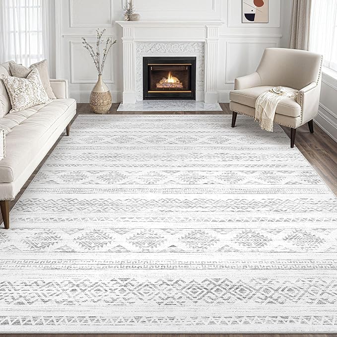 Tortania Area Rug Living Room Rugs - 10x12 Washable Large Soft Neutral Boho Moroccan Bohemian Farmhouse Rug Indoor Floor Carpet for Bedroom Under Dining Table Home Office Decor - Ivory Gray