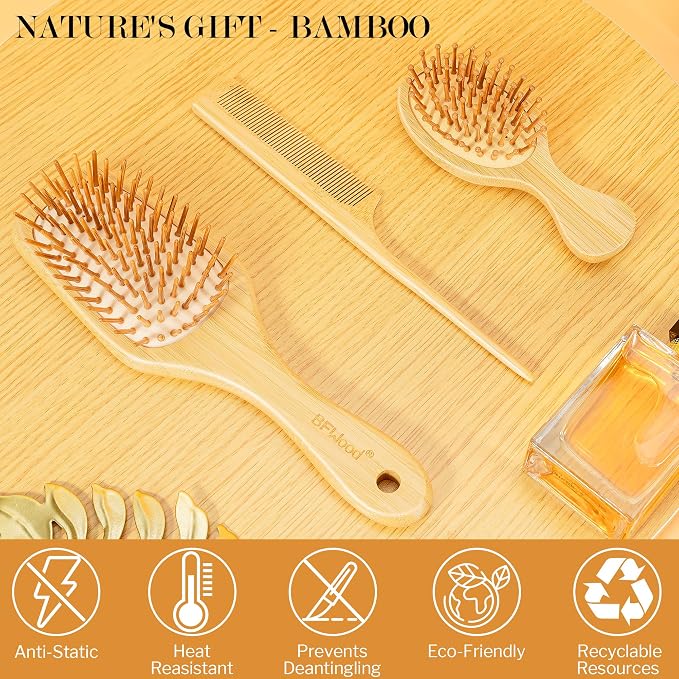 BFWood Bamboo Hair Brush Set, 3 PCS Natural Wooden Combs Paddle Detangling Hairbrush, Traveling Rat Tail Comb and Mini Paddle Brush for Women & Men