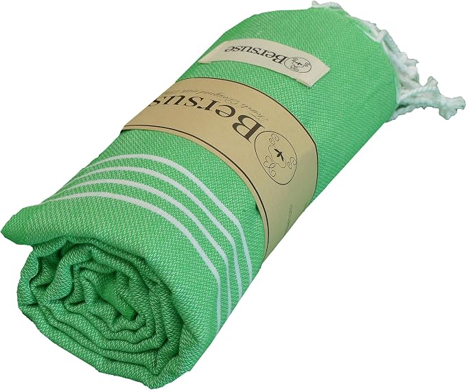 Bersuse Towels Anatolia XL Beach Blanket Throw Blanket Turkish Towel 100% Cotton Extra-Large Quick-Dry Lightweight Premium Peshtemal Towel - 61x82 Inches, Green (Set of 6)