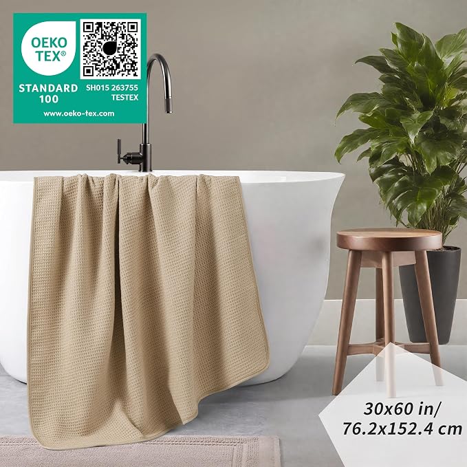 POLYTE 380 GSM Microfiber Oversize Quick Dry Lint Free Waffle Bath Towel for Body, 60 x 30 in, Set of 2
