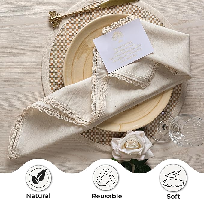 Ramanta Home Decorative Cloth Dinner Napkins Set of 4, 20x20 Inch Natural Lace Flax Cotton Napkins with Mitered Corners, Oversized Use, Parties, Weddings, Spring, Easter Cloth Napkins