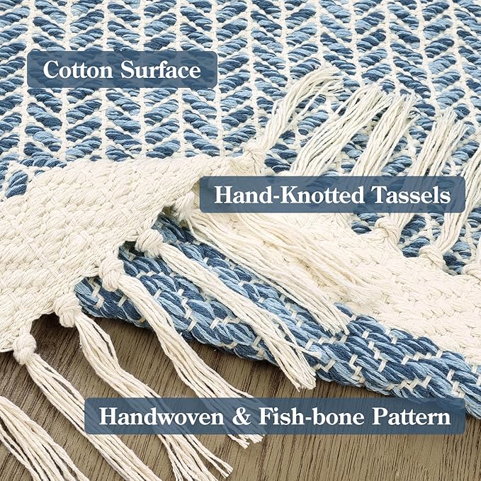 Lahome Belle Boho Kitchen Runner Rugs, 2x6 Laundry Room Rug Lightweight Bathroom Runner Woven Cotton Throw Mat with Tassels, Farmhouse Washable Blue Rug Low Pile Runners for Hallways Entry