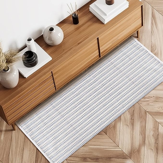 Cotton Chalk Stripe Woven Runner Rug 2x6 Feet - Blue, Reversible Boho Large Area Runners Ideal for Hallways, Bedroom, Kitchen, Living Room | Soft Laundry Space Farmhouse Washable Home Floor Décor Mat