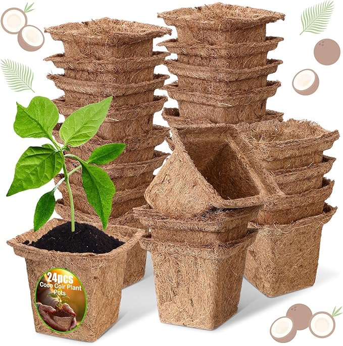 24 Pcs Coco Coir Plant Pots 4 Inch Biodegradable Seed Starter Cups, Coco Peat Seedling Cups Plant Nursery Cup Organic Coir Peat Pots for Seedlings, Herbs, Indoor/Outdoor Gardening