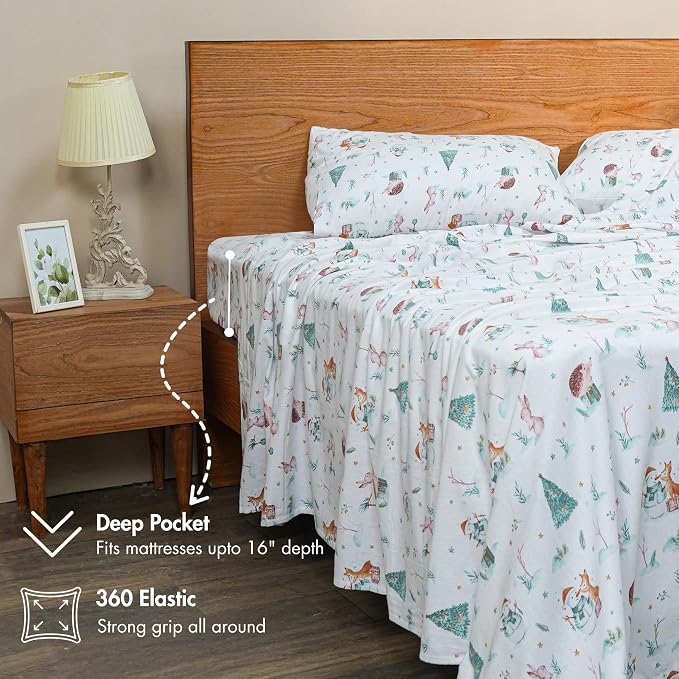 RUVANTI Flannel Sheets King Size - GOTS Certified 100% Organic Cotton, 4 Piece Warm, Soft & Breathable Set, Deep Pocket Snug Fit, Double Brushed Cozy All Season Bedding, Fox N Friends