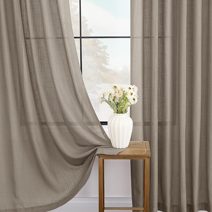 Taupe Linen Curtains 63 inches Long for Living Room Back Tab Rustic Farmhouse Semi Sheer Light Filtering Window Curtain Dining Room Soft Thick Flax Linen Textured Drapes Burlywood Birch Dark Brown