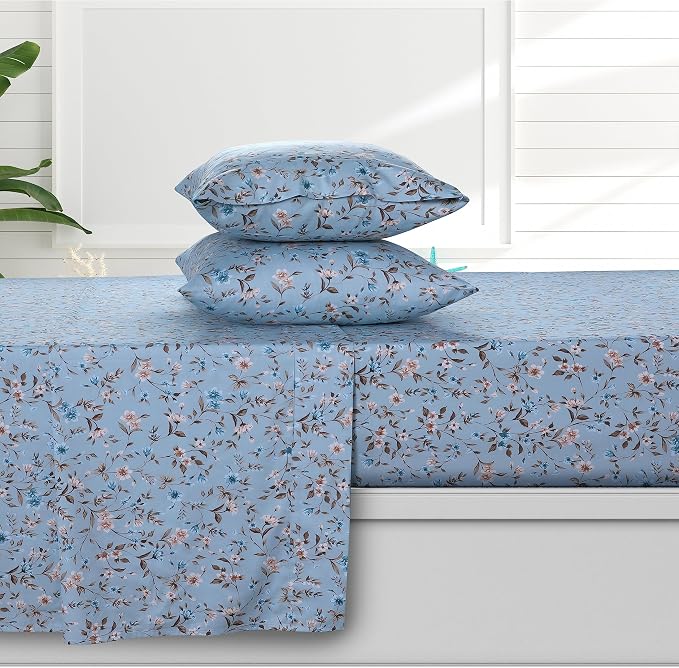AZORES HOME Queen Organic Cotton Sateen Sheet Set - Deep Pocket, 300 Thread Count, 4-Piece Luxury Bedding, Carolina Blue