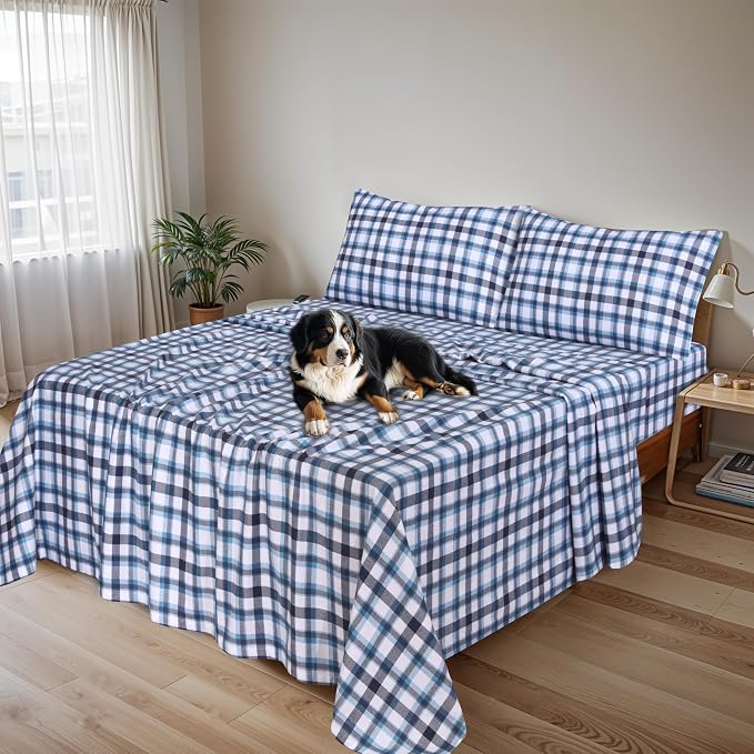 RUVANTI Flannel Sheets King Size - 100% Cotton Double Brushed King Size Sheets Set - Deep Pockets 16 Inches Bed Sheets - All Seasons Breathable & Extra Soft - Warm & Cozy, 4 Piece, Gingham Addition