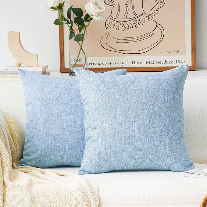 Home Brilliant Blue Throw Pillow Covers Linen European Pillow Case Large Cushion Cover for Patio Floor, 24x24 inches(60x60cm), Set of 2, Light Blue