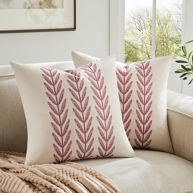 100% Cotton Farmhouse Leaves Throw Pillow Covers Set of 2, 24x24 Inch Burgundy Pastoral Decorative Print Cushion Covers for Sofa Bed Living Room Home Decor
