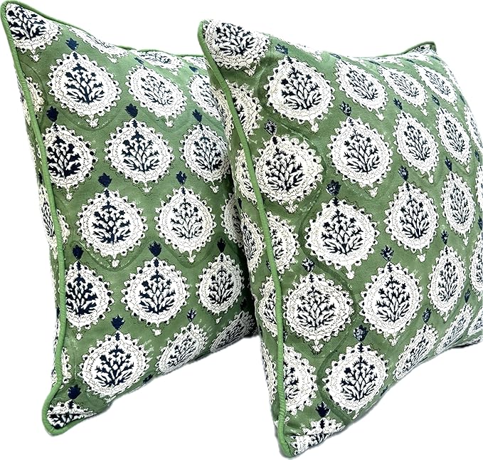 ATOSII Block Print Throw Pillow Covers, 20 X 20 - Set of 2, Decorative Couch Pillows for Living Room Bed Sofa, 100% Cotton Canvas Pillow Case for Home Decor & Outdoors, Preppy Throws - Kari Green
