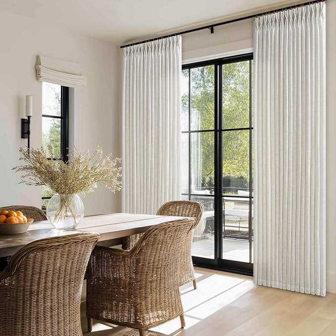Pinch Pleated 98 Inch Linen Curtains for Living Room Dining Bedroom Pinch Pleat Hooks Rings Back Tab Light Filtering Semi Sheer Curtain Drapes for Large Window Boho Neutral Cream 2 Panels W50xL98