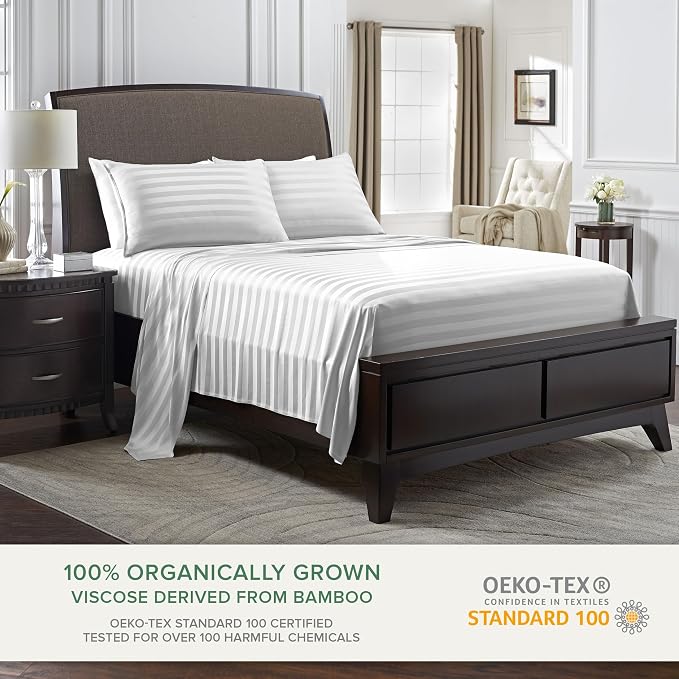 Pure Bamboo Queen Sheets, Genuine 100% Organic Viscose Derived from Bamboo Bed Sheet Set, Luxuriously Soft & Cooling, Double Stitching, 2 Year Quality Promise (Queen, Jacquard White)