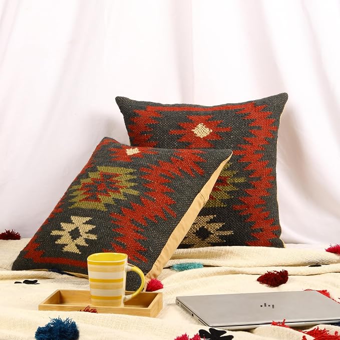 Trade Star Set of 2 Kilim Cushion Covers Throw Pillow Cover 70% Jute 30% Wool Pillows Handwoven Pillowcase 18x18 Inches Designer Handloomed Rug Decorative Cushion case (Kilim 19)