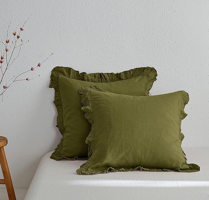 Simple&Opulence 100% Linen Euro Sham Covers with Ruffle, 26x26 Inch Pillow Covers Set of 2, Euro Pillow Shams for Bed Couch French Home Decor Luxury and Breathable Square Pillow Cases, Olive Green