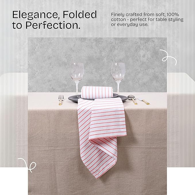 Red Stripe Dinner Napkins (Set of 6), Large 18 x 18 Inches, 100% Cotton, Soft, Absorbent, Durable Classic Striped Cloth Napkin for Everyday Use, Parties, Wedding Receptions, Lunch