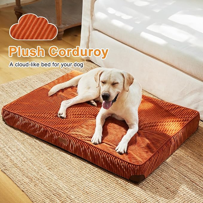 FUKUMARU Dog Bed, Thickened Corduroy Orthopedic Dog Beds with Washable Cover, XL Waterproof Dogs Bed for Crate, 28D Egg Crate Foam Support Pet Mat, Cozy Pet Bed Pad with Anti-Slip Bottom, Orange